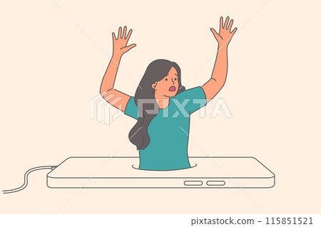 Digital addiction and attachment to mobile phone causes trouble for woman drowning in gadget display 115851521