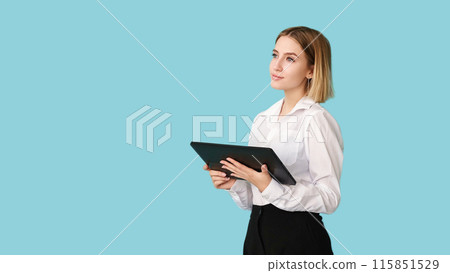 Female executive. Career planning. Digital technology. Minding ideas. Work promotion. Pensive dreamy woman holding tablet isolated on blue empty space. 115851529