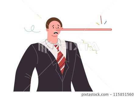 Business man liar with long nose like pinocchio symbolizes lack of sincerity in promises 115851560