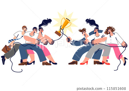 Battle between business people, fighting for ownership of golden cup and tug of war 115851608