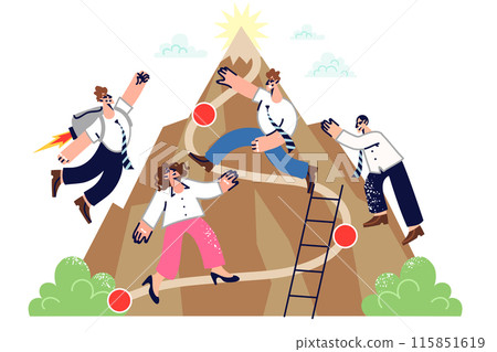 Business and career competition between people striving to reach top of mountain in different ways Business and career competition between people striving to reach top of mountain in different ways 115851619