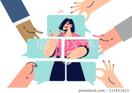 Social portrait of woman compiled by people around from small pieces, as metaphor of gossips 115851623