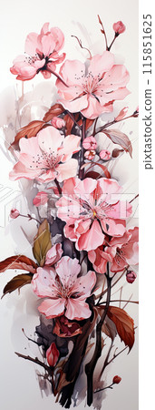 watercolor pink sakura flowers on a white, aesthetic background. Ai generative art watercolor pink sakura flowers on a white, aesthetic background. Ai generative art 115851625