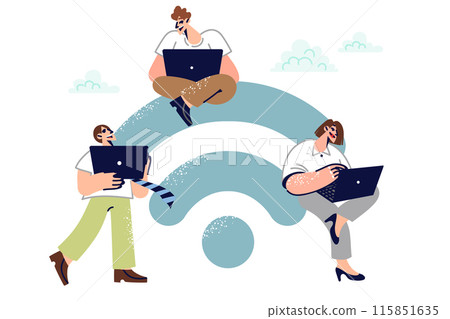 People near large wi-fi symbol use laptops to perform remote work and receive online education 115851635