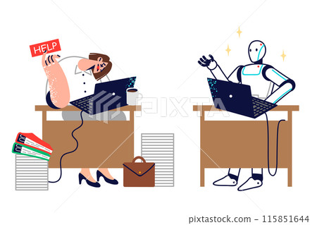 Business woman asks robot for help, after losing fight for job with AI, sitting at table 115851644