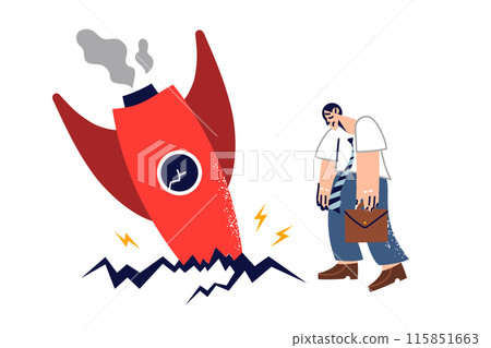 Business failure for man, tried to launch space startup, standing near crashed rocket 115851663
