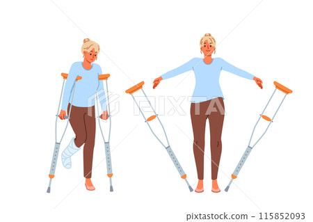 Disabled woman with broken leg throws away crutches after rehabilitation and procedures in clinic 115852093