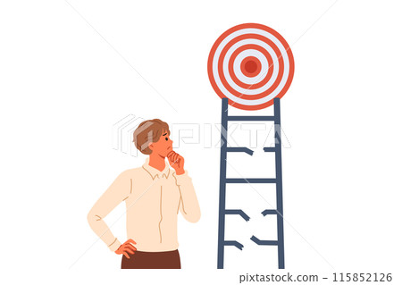 Problem on way to achieving goal for business man, thoughtfully examining broken ladder with target 115852126
