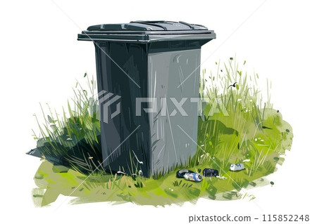 Gray trash bin standing on grass 115852248