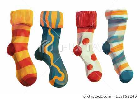 Four colorful socks with different patterns 115852249