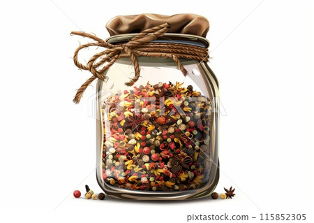 Glass jar filled with assorted spices and herbs 115852305