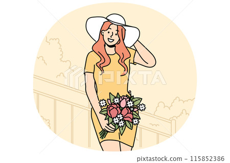 Smiling woman in hat posing with flowers Smiling woman in hat posing with flowers 115852386