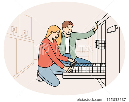 Smiling couple choosing dishwasher in store Smiling couple choosing dishwasher in store 115852387