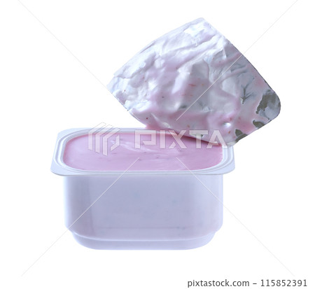 Open packing with blueberry yoghurt or tasty dessert isolated on a white background. 115852391