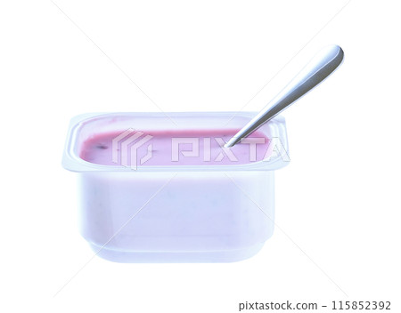 Open packing with blueberry yoghurt in a white plastic cup with a spoon isolated on a white background. 115852392