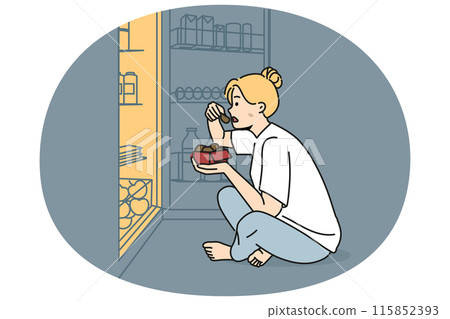 Woman near fridge eating at night Woman near fridge eating at night 115852393