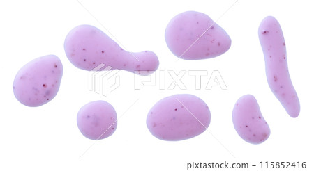 Spilled blueberry yogurt puddle isolated on white background and texture. Top view. 115852416