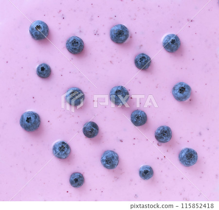 blueberry yogurt and fresh berries blueberries, texture, background. Top view. 115852418