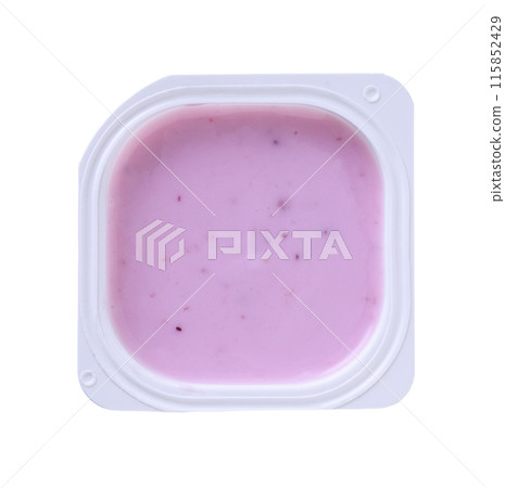 Open packing with blueberry yoghurt in a white plastic cup isolated on a white background. Top view. 115852429