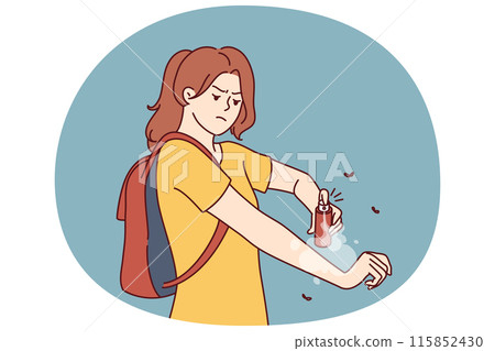 Woman hiker applies anti-malarial mosquito bite spray while hiking in wilderness in tropical area 115852430