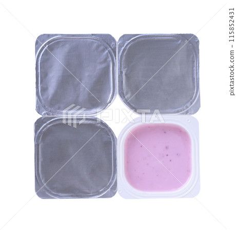 Four plastic containers for blueberry yogurt with foil lid, isolated on white background . Top view. 115852431