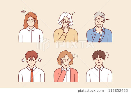 Thoughtful business people different ages are thinking about plan to get out of difficult situation 115852433