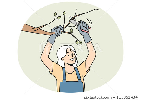 Smiling old woman cutting tree branches 115852434