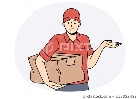 Distressed deliveryman with damaged parcel Distressed deliveryman with damaged parcel 115852452