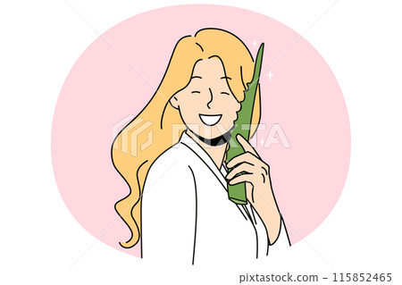 Smiling woman with aloe vera recommend skincare Smiling woman with aloe vera recommend skincare 115852465
