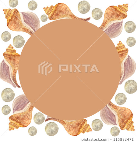 Shell and pearls watercolor round frame isolated on white. High quality hand-drawn illustration for notebooks, cards, posters, restaurant menu, souvenirs, tourism ads, dishes, room design and decor 115852471