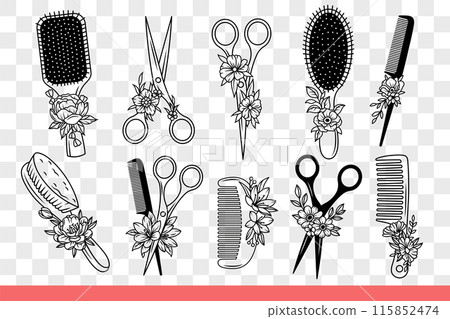 Scissors and combs for hairdressers who do fashionable hairstyles and cut hair. Hand drawn doodle 115852474
