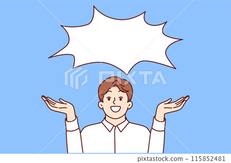 Happy business man offering good idea or communicating profitable offer, stands under dialogue cloud Happy business man offering good idea or communicating profitable offer, stands under dialogue cloud 115852481