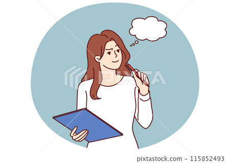 Pensive girl with clipboard makes plan for year or checklist for going to grocery store 115852493