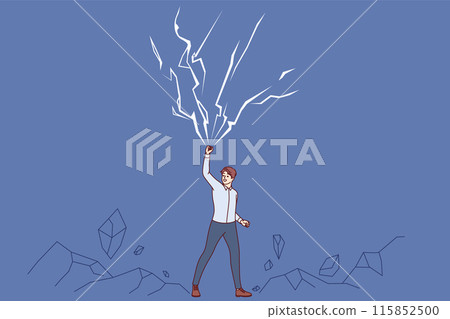 Powerful business man raises hand up near lightning bolts, demonstrating self-confidence Powerful business man raises hand up near lightning bolts, demonstrating self-confidence 115852500