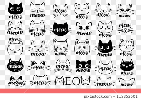 Cats head with meow word and cute emotions for logo zoo store with pet products. Hand drawn doodle Cats head with meow word and cute emotions for logo zoo store with pet products. Hand drawn doodle 115852501