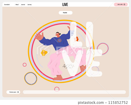 Life Unframed: Bubble -modern flat vector concept illustration of a man flying in the giant bubble. Metaphor of unpredictability, imagination, whimsy, cycle of existence, play, growth and discovery 115852752