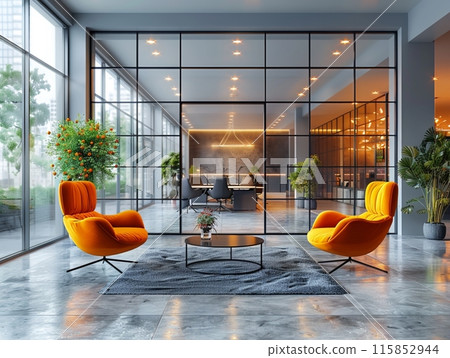 Beautiful blurred background of a modern office interior in gray tones with panoramic windows, glass partitions and orange color accents 115852944