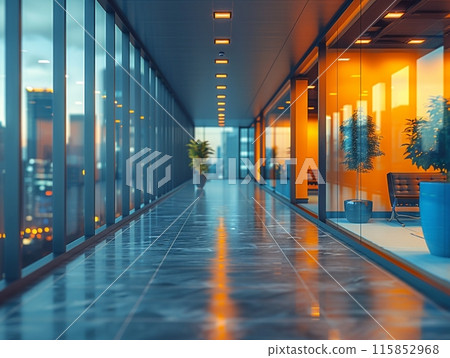 Beautiful blurred background of a modern office interior in gray tones with panoramic windows, glass partitions and orange color accents 115852968