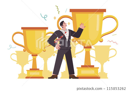 Business man with award cups received for victories in professional competitions and competitions Business man with award cups received for victories in professional competitions and competitions 115853262