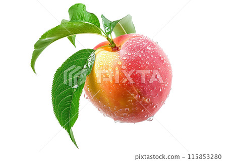 A closeup view of a ripe, fresh peach or nectarine covered in dew drops, surrounded by green leaves isolated on white background. 115853280
