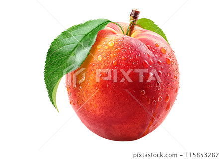 A closeup view of a ripe, fresh peach or nectarine covered in dew drops, surrounded by green leaves isolated on white background. 115853287