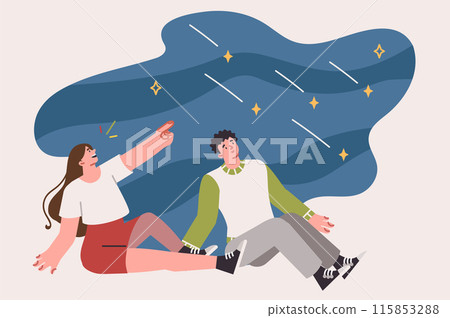 Starfall over heads of couple sitting on ground and admiring stars, enjoying romantic atmosphere Starfall over heads of couple sitting on ground and admiring stars, enjoying romantic atmosphere 115853288