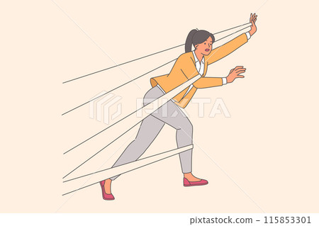 Business woman is trying to get rid of shackles fetter body and prevent from moving forward 115853301