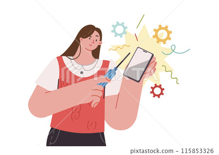 Woman mobile developer is designing new smartphone model, holding screwdriver in hands 115853326