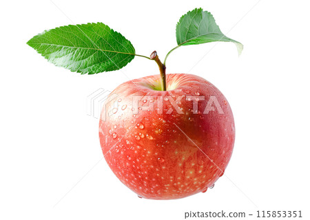 A fresh red apple with dew drops and leaves isolated on white background. 115853351