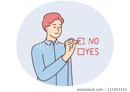 Frustrated man check box make choice 115853352