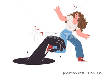 Woman trying to get out of comfort zone, breaking free from hand of monster dragging into abyss 115853353