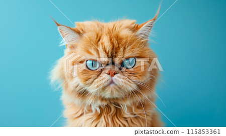 A cute Persian cat with an angry expression looking at the camera on a blue studio background. Funny animals concept. 115853361