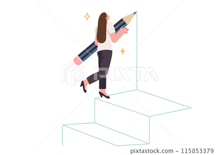 Woman draws career ladder to move up ranks and achieve success in professional field 115853379