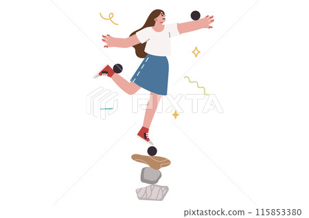Woman maintains balance and balance, stands on pyramid of stones, metaphor for harmony in human life 115853380